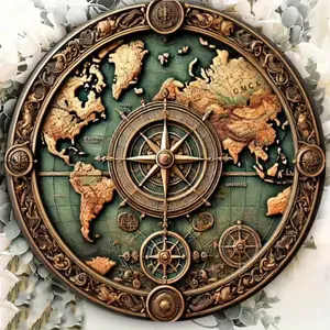 Aluminum Engraved World Map and Compass Circular Wall Art Vintage Nautical Decor for Home Office Living Room Cafe Birthday Gift