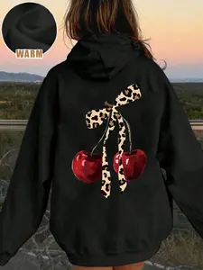 Women's Hooded Sweatshirt with Bow Cherry Print, Casual Loose Fit Pocket Top, Fashion Outdoor Daily Wear Street Style