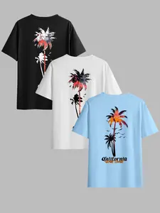 Men's Classic Versatile Letter Coconut Tree T-Shirt Set, Summer Round Neck Short Sleeve Casual Comfortable Top for Outdoor Wear