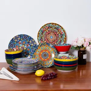 Romatlink 24 Pieces Dinnerware Sets, Plates and Bowls Set, Porcelain Dishes Set for 6, Microwave and Dishwasher Safe, Scratch Resistant, Bohemian Style Dining Ware Service for 6, Dinner Plates set for Salad, Pasta, Dessert,Steak, Appetizers