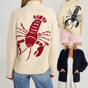 Women's Chic Shawl Collar Cardigan Long Sleeve V Neck Lobster Print Button Down Sweater Knit Tops