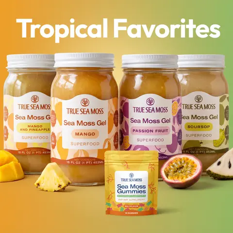 True Sea Moss Top 4 Tropical Flavors Gel with Gift - Mango-Pineapple, Passion Fruit, Soursop, Mango – Rich in Essential Minerals & Vitamins – supports overall vitality