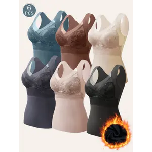 6pcs Womens Winter Thermal Tank Tops - Seamless, Padded, Stretch Fit with Lace Detailing - Dark Blue, Brown, White, Black, Beige, Gray - Perfect for Cold Weather, Casual Attire, and Layering