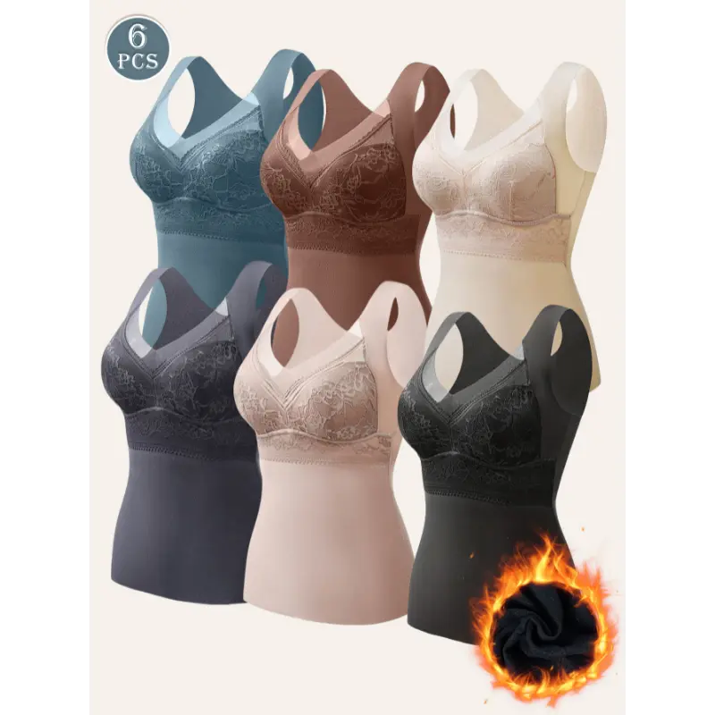 Women's Winter Thermal Tank Tops (6 pcs) - Sports Layering Top, Seamless Padded Stretch-Fit Knit Fabric, Mid Elasticity, Lace Detailing, Hand Wash Only, Do Not Dry Clean - Dark Blue,Brown,White,Black,Beige,Gray - Elastane,Nylon Blend,Casual Attire