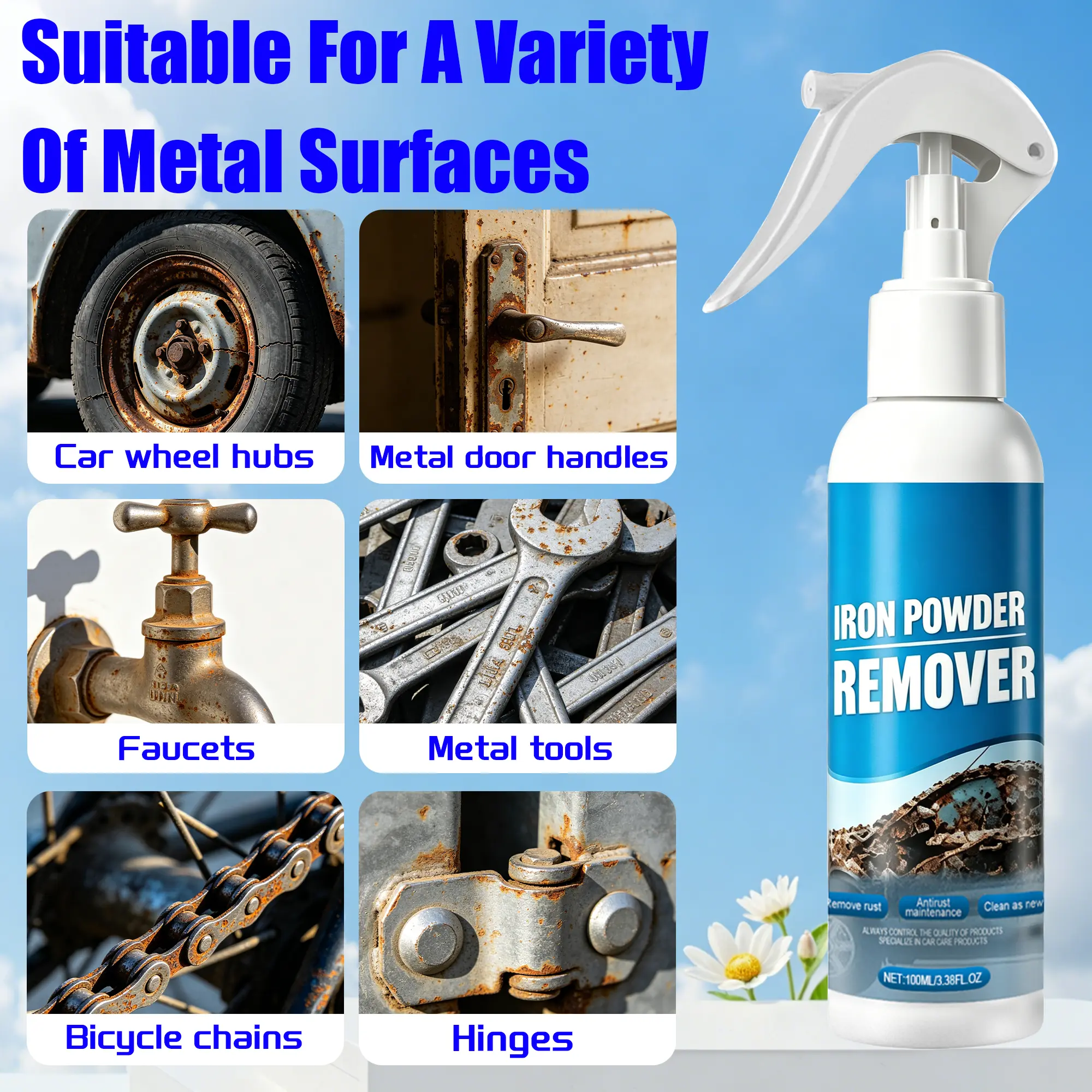 Automotive Rust Remover Spray (100ML) - Fast-Acting Iron & Rust Cleaner for Wheels, Rims, Metal Surfaces - Car Detailing Products, Detailing Products Chemicals - Safe on Most Automotive Finishes, Cars, Motorcycles
