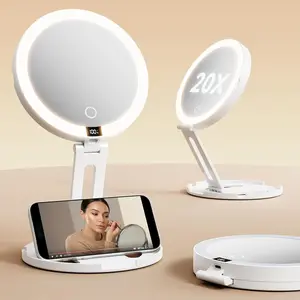 Travel Makeup Mirror with Lights (Gen 3) - 20X/1X Dual Sided Magnifying Mirror with Digital Power Display - Rechargeable, 3 Color Dimmable, CRI 95+ - Portable Folding Mirror for Desk & Travel