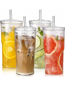 20 oz Ribbed Glass Tumblers with Lids and Glass Straws,4-Piece Glassware Set,Elegant and Durable Drinkware