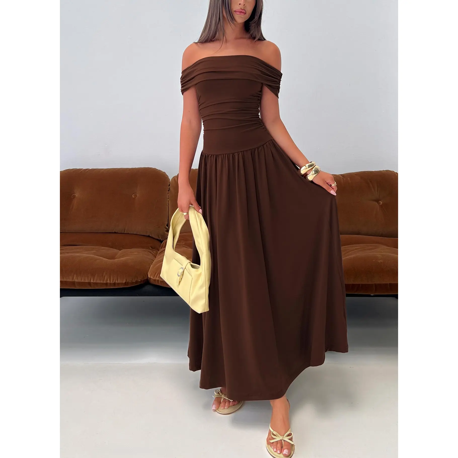 Katalia Off Shoulder Maxi Dress Chocolate Brown