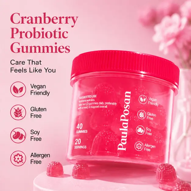 PaulaPosan Women's Chewable Probiotic Cranberry Gummy Supplements - Gut Health Support, Digestive Support, Gluten-Free, Hypoallergenic, 40 Count