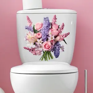 A 2D flat simulated pink-purple floral spring and summer toilet sticker for bathroom and toilet artistic decoration, size 30*30cm, M10161, Bathroom Decorations