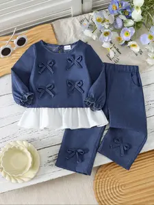 Girls' Bowknot Decorated Clothing Set, Fresh Sweet Girly Style, Casual Outfit Set, Includes Bubble Sleeves & Skirt Hem, Comfortable and Versatile, Perfect for Playtime