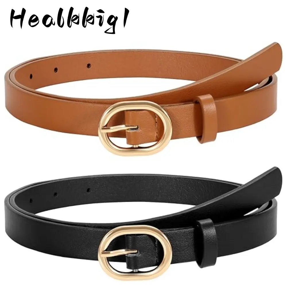 Women’s Waist Accessories - 2pcs Adjustable Leather Belts, Black & Brown, Slimming Pin Buckle for Jeans, Dresses