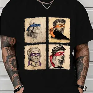 Graphic Tee Mens Casual Short Sleeve T Shirt Featuring Humorous Italian Artists and Teenage Mutant Ninja Turtles Artwork Regular Fit Round Neck Tee for Art Enthusiasts and Ninja Turtle Fans Oversized Casual Men's Letter Pattern Printed T-Shirt