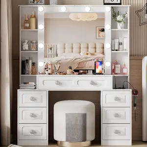 [Bellemave]Vanity Desk with with Mirror and Lights,Makeup Vanity Table wwith Lighted Mirror & Charging Station, Vanity Desk Dresser