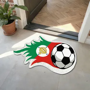 1pc Triple-Flame Soccer USMCA World Cup Brazil-Spain-Portugal Faux-Cashmere 100% Polyester Irregular ENTRANCE MAT, door light absorb light slip-safe, bold welcome first sight, stain-shield gap-free, machine-wash quick-dry partner gift