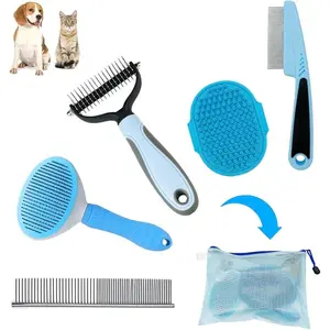 5PCS Dog Grooming Kit - Deshedding Brush for Short Hair, Slicker Brush, Flea Comb, Puppy Brush Set for All Small Large Dogs Cats Grey