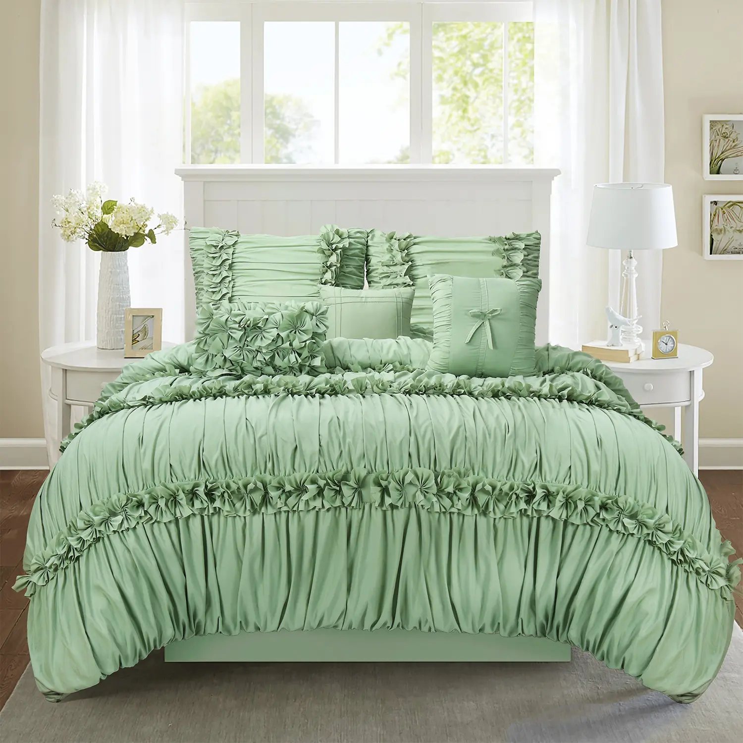 7 Pieces Elegant French Country Bed in a Bag, Vintage Handcrafted Ruching Bed Sets for Bedroom, Color Handmade Bow Tie Bed Comforter with Down Alternative Filling