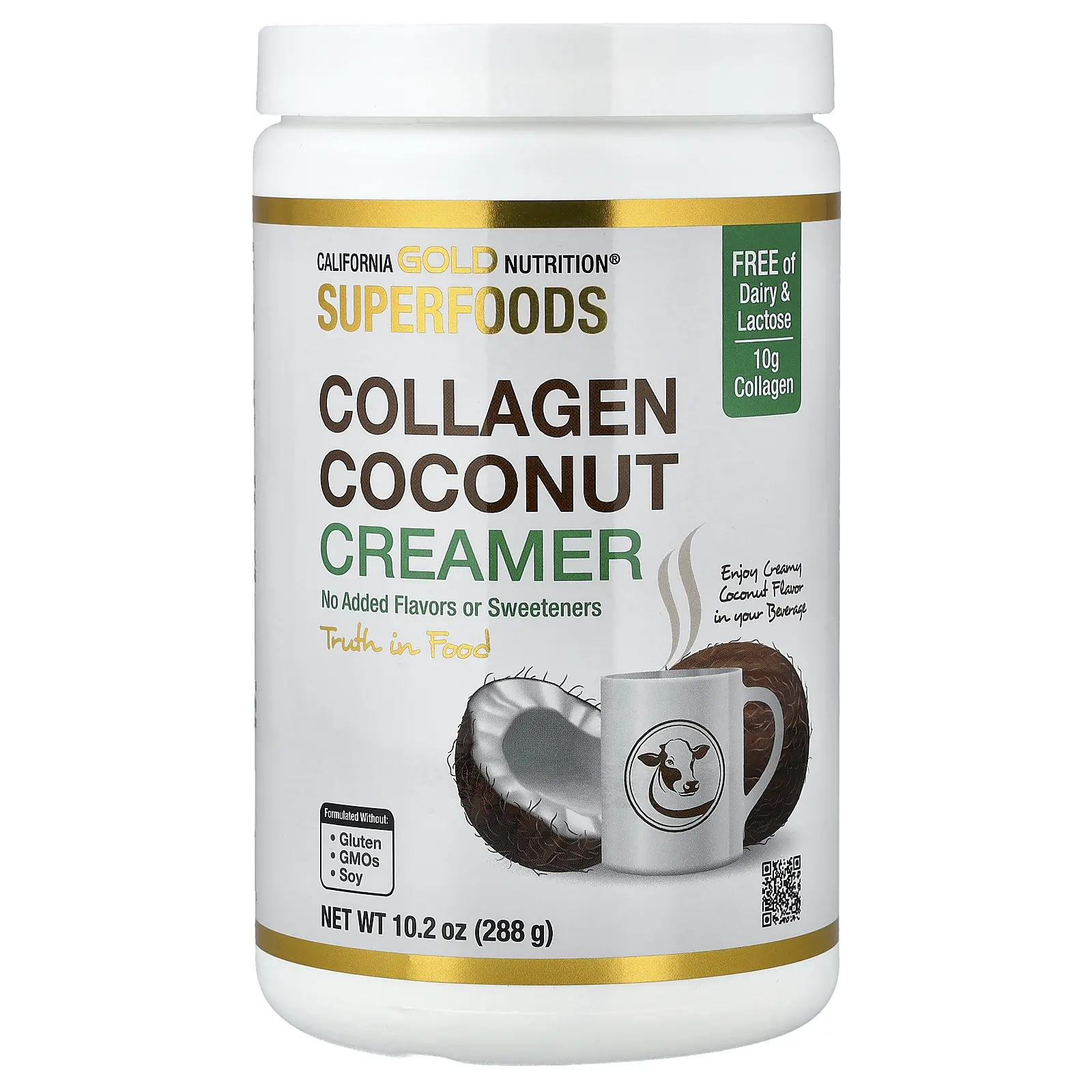 California Gold Nutrition Superfoods, Collagen Coconut Creamer with Organic Coconut Milk Powder, Hydrolyzed Collagen Peptides, Organic Tapioca Maltodextrin, and Bamboo Extract, Unsweetened, 10.2 oz (288 g)