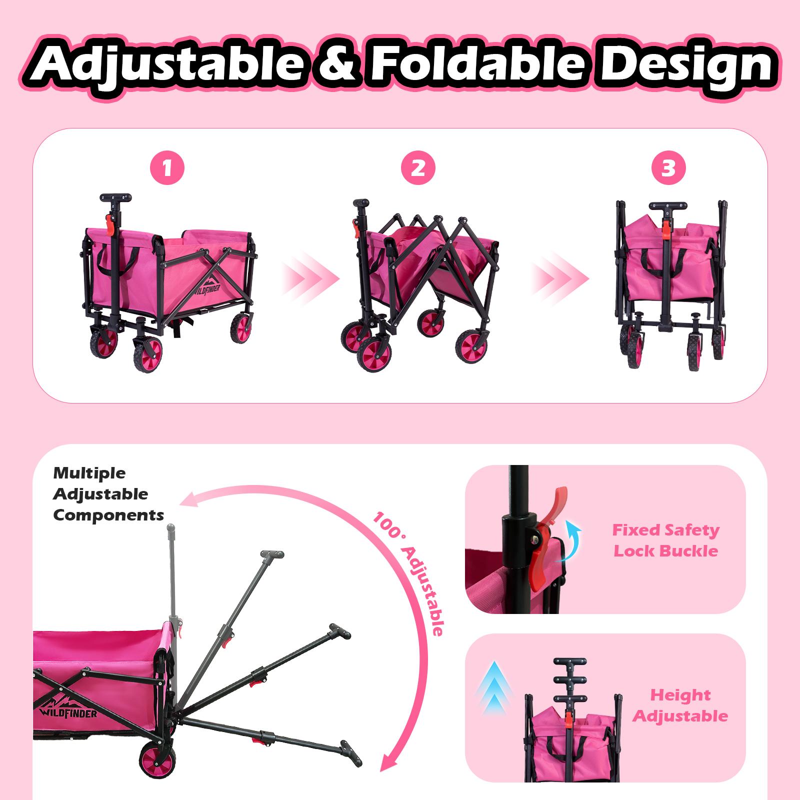 WildFinder Wagon Cart with Wheels with 330LBS Capacity,Heavy Duty Wagon Carts Foldable,Lightweight Utility Portable Cart for Grocery, Shopping, Garden, Camping, Pink