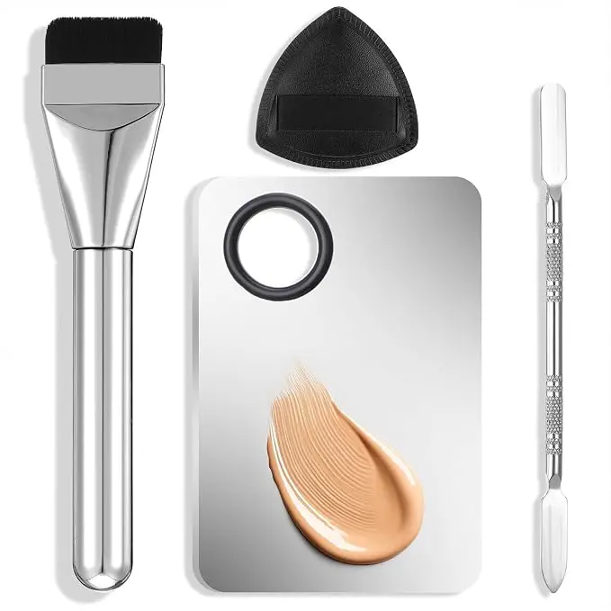 4 Pcs Makeup Foundation Mixing Palette Set, Including Makeup Mixing Palette, Double-Ended Spatula, MakeupPuff, Brush, Professional MakeupMixing PaletteSet Makeups PaletteTray (Stainless Steel)
