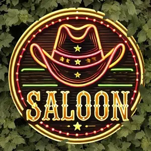 Neon Cowboy Hat Saloon Sign, Vintage Metal Wall Art, Wall Decor, Home Decoration for Home Bar, Cafe, Beach House or Backyard