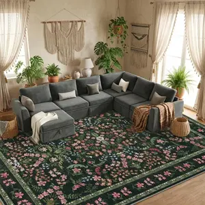 Garvee Washable Rug, Boho Floral Pattern, Soft Rug for Living Room, Non-slip Low-Pile Rug for Bedroom, Dining Room, Kids Room, Hallway, 20.3 x 25.4 cm, Green