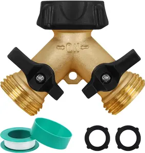 Garden Hose Splitter 2 Way, Heavy Duty Brass Connector Tap Splitter, Y Splitter 2 Valves with 2 Extra Rubber Washers