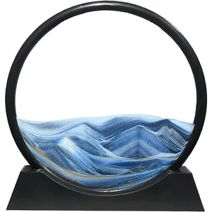 Moving Sand Art Picture Round Glass 3D Deep Sea Sandscape in Motion Display Flowing Sand Frame Relaxing Desktop Home Office Work Decor (7", Blue)