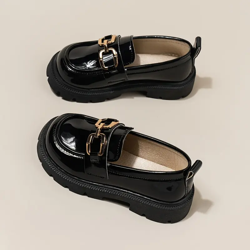 Kids' Metal Buckle Casual Flat Loafers - PU & Rubber, Comfortable All-Season Footwear for Boys and Girls