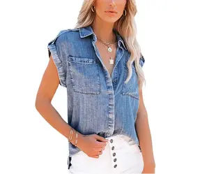 UTCOCO Women's Casual Distressed Button Down Sleeveless Denim Jean Shirt Tops tiktokshopspringglowup