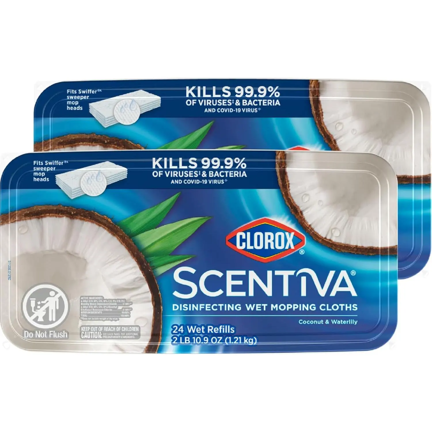 Scentiva Floral Disinfecting Wet Mop Pads - Disposable Mop Heads, Coconut and Waterlily Scent, 2 Packs with 24 Wet Refills Each (Package May Vary)