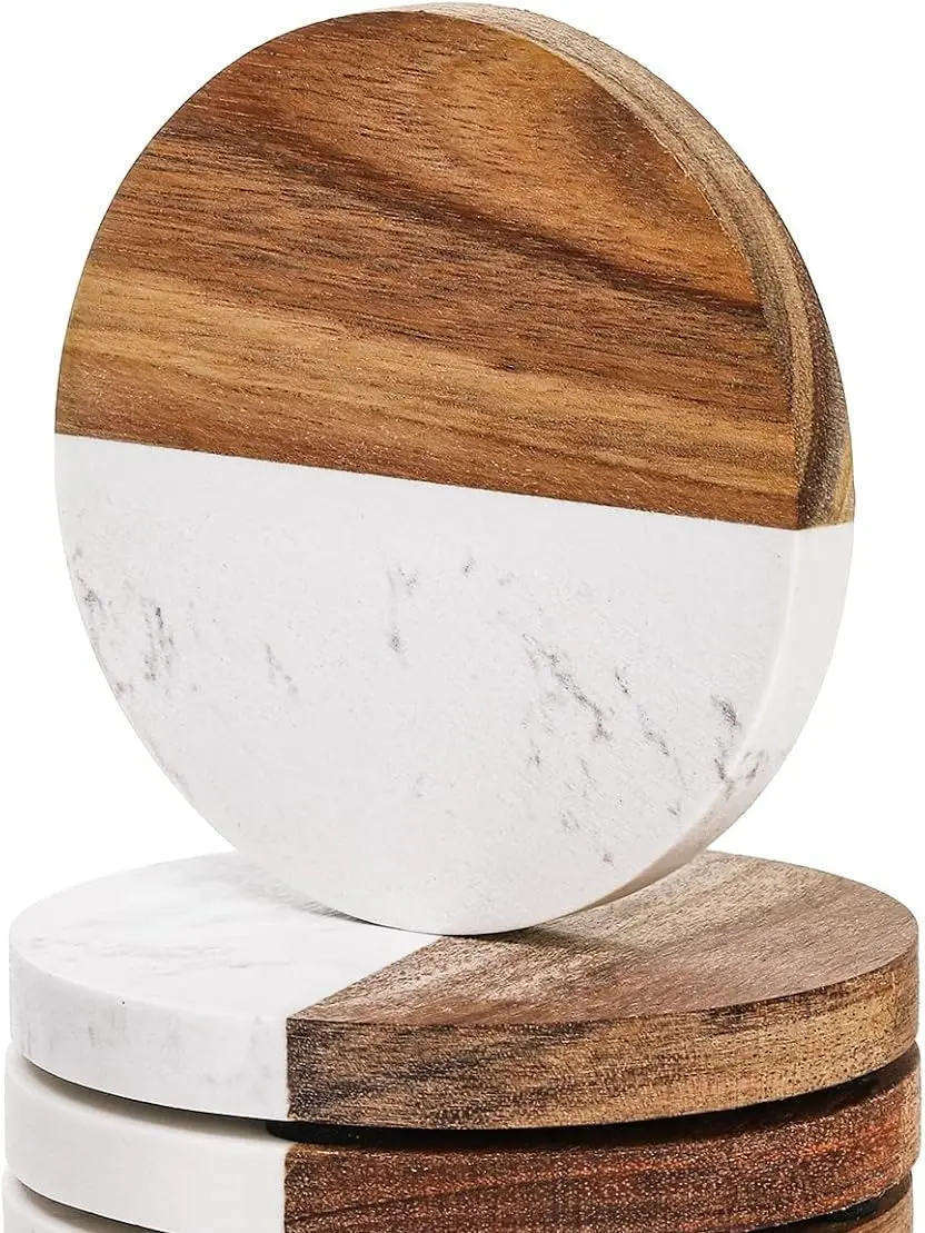 6 Pack Marble & Acacia Wood Coasters, Luxury Drink Coasters with Heat Resistant Design, Natural Stone Table Protector for Coffee Table, Home Decor