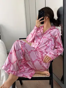 Valentine's Day 2-Piece Bow Stripe Printed Button Front Top and Elastic Waist Pants Set, Soft Fabric Long Sleeve Casual Women's Homewear
