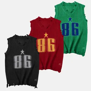 Wizoat Men's 86 Star Retro Sporty Mesh Knit Vest, 90s Grunge Distressed Sleeveless Top, Breathable Openwork V-Neck Tank, Y2K Street-wear Aesthetic Layer for Concerts, Festivals & Daily Wear