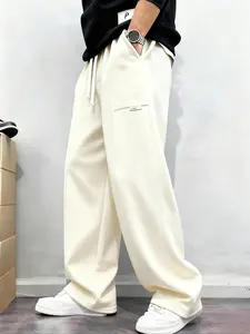 Men's Fleece Cotton Sweatpants, Elastic Waist Drawstring, Loose Fit Wide Leg, Side Stitching Decor, Casual Spring & Fall Style, Casual Outdoor Pants