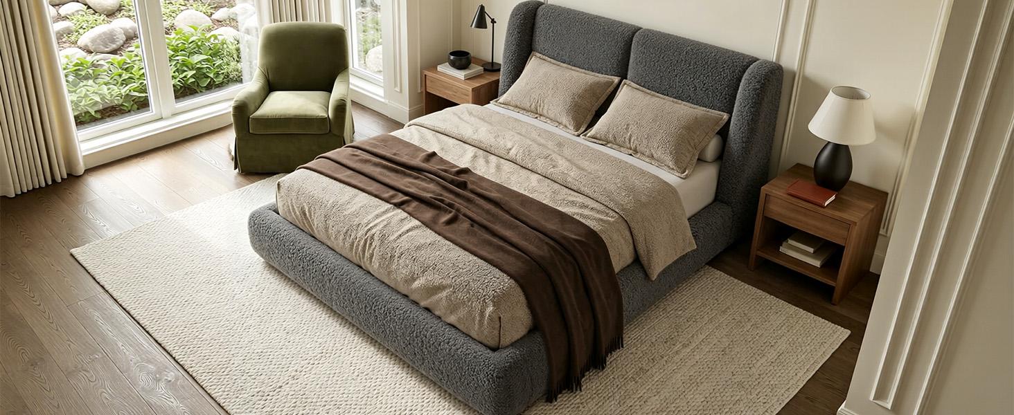 [15 Mins Assembly] Raybee Cloud Bed Frame with 5" Thick Ergonomic Wingback Headboard Soft Boucle Upholstered Low Profile Platform Bed, Bump-Resistant Rounded Corners, Anti-Slip Noise-Free, 880LBS Capacity for Bedroom, Dorms, Apartment, Beige, Black, Gray