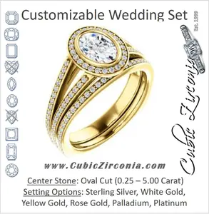 CZ Wedding Set, featuring The Maritza engagement ring (Customizable Bezel-Halo Oval Cut Style with Pavé Split Band & Euro Shank)