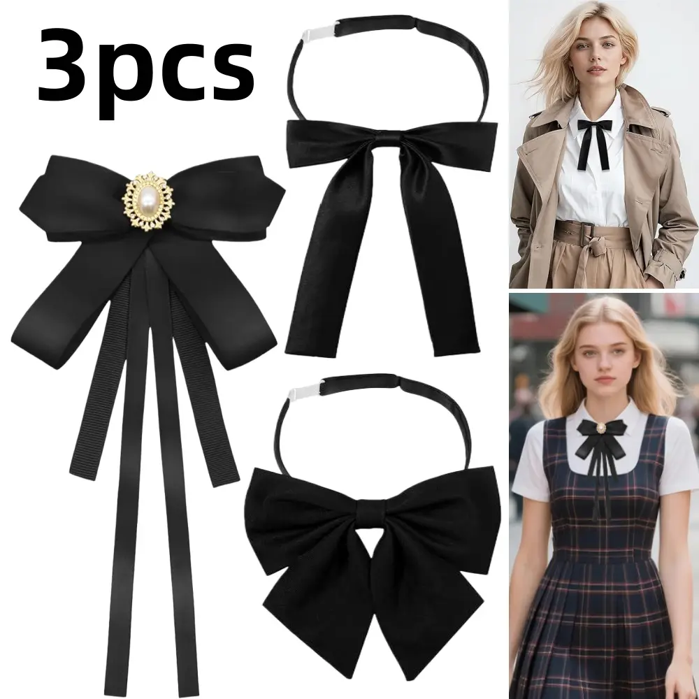 3 pack Black Bow Tie Pre Tied Bowtie Adjustable Ribbon Faux Pearl Rhinestone Necktie for Business School Party Casual