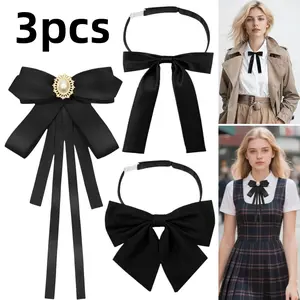 3 pack Black Bow Tie Pre Tied Bowtie Adjustable Ribbon Faux Pearl Rhinestone Necktie for Business School Party Casual
