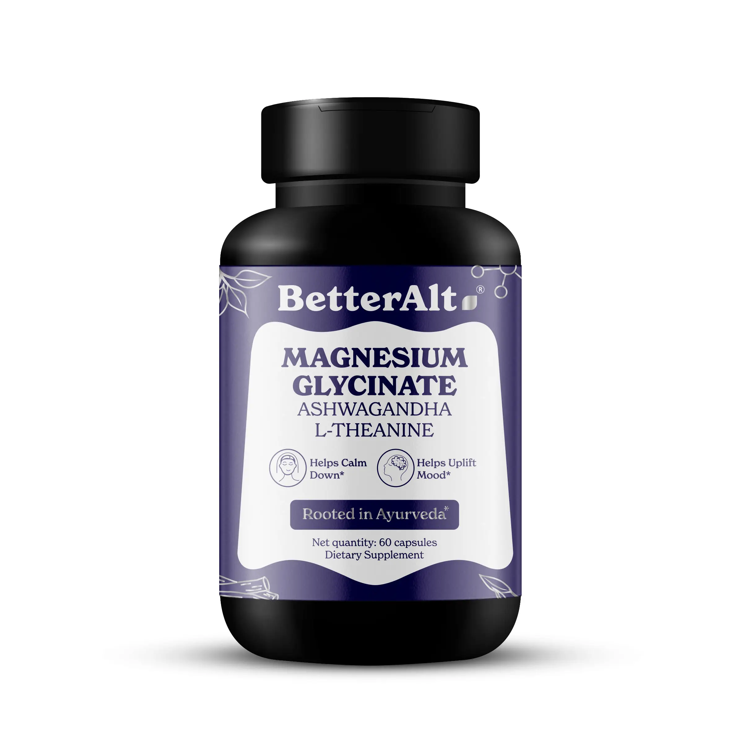 BetterAlt Magnesium Glycinate Capsules | 180mg + 180mg Ashwaganda + L-Theanine | High Absorption - 60 capsules - Nerves, Muscles & Energy