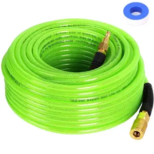 Air Compressor Hose 1\/4 Inch x 100 Feet Reinforced Polyurethane (PU) Air Hose with Fittings, Bend Restrictors, 1\/4" Industrial Quick Coupler and Plug Kit, Green