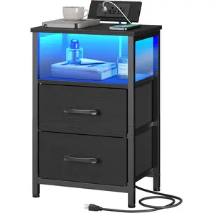 Nightstand with  Station, Bedside Table with LED Lights and 2 Fabric Drawers, End Table with 2 AC Outlets and USB Port, Small Night Stand for Bedroom, Black BB118UDBZ01