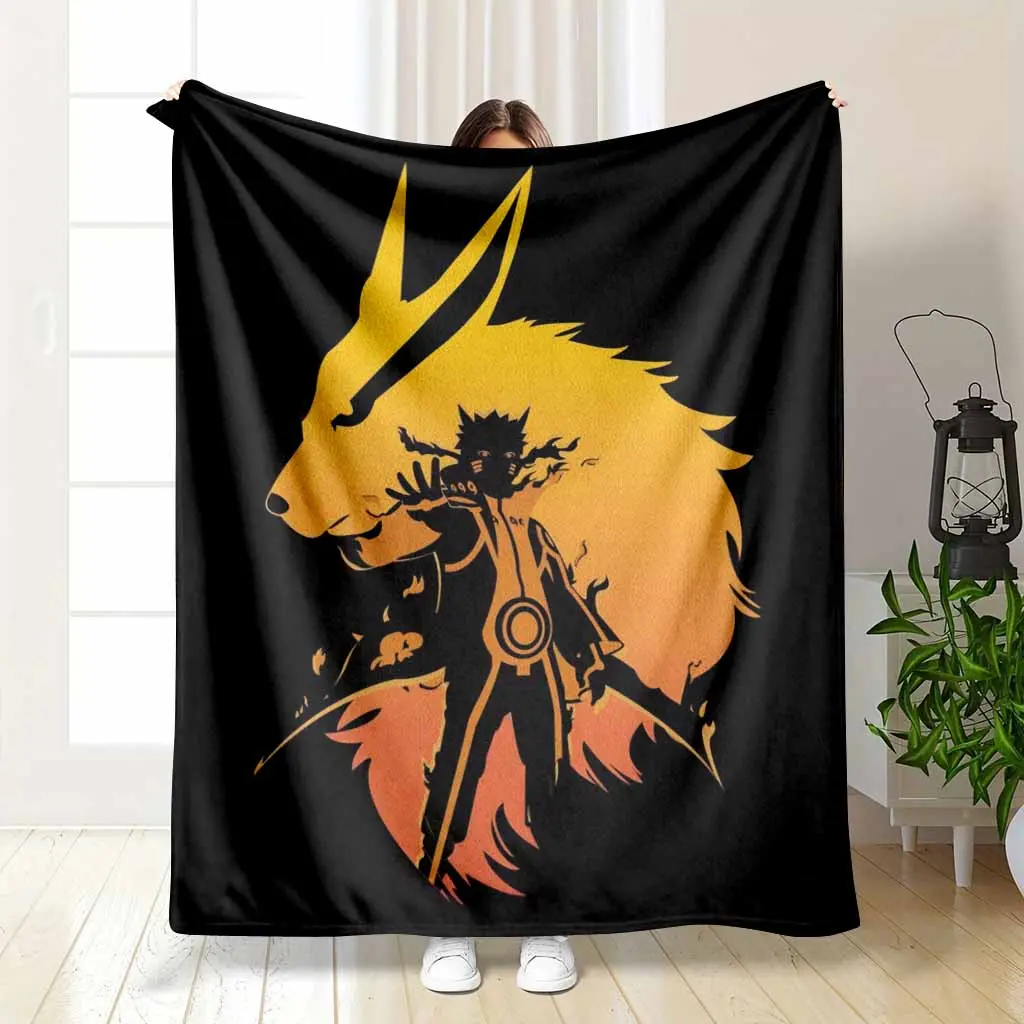 Anime Warrior and Fox Silhouette Flannel Blanket Fire Aura Print Soft Warm Lightweight Cozy Home Decor Couch Sofa Bed Gift for Fans Office Nap Gaming Room