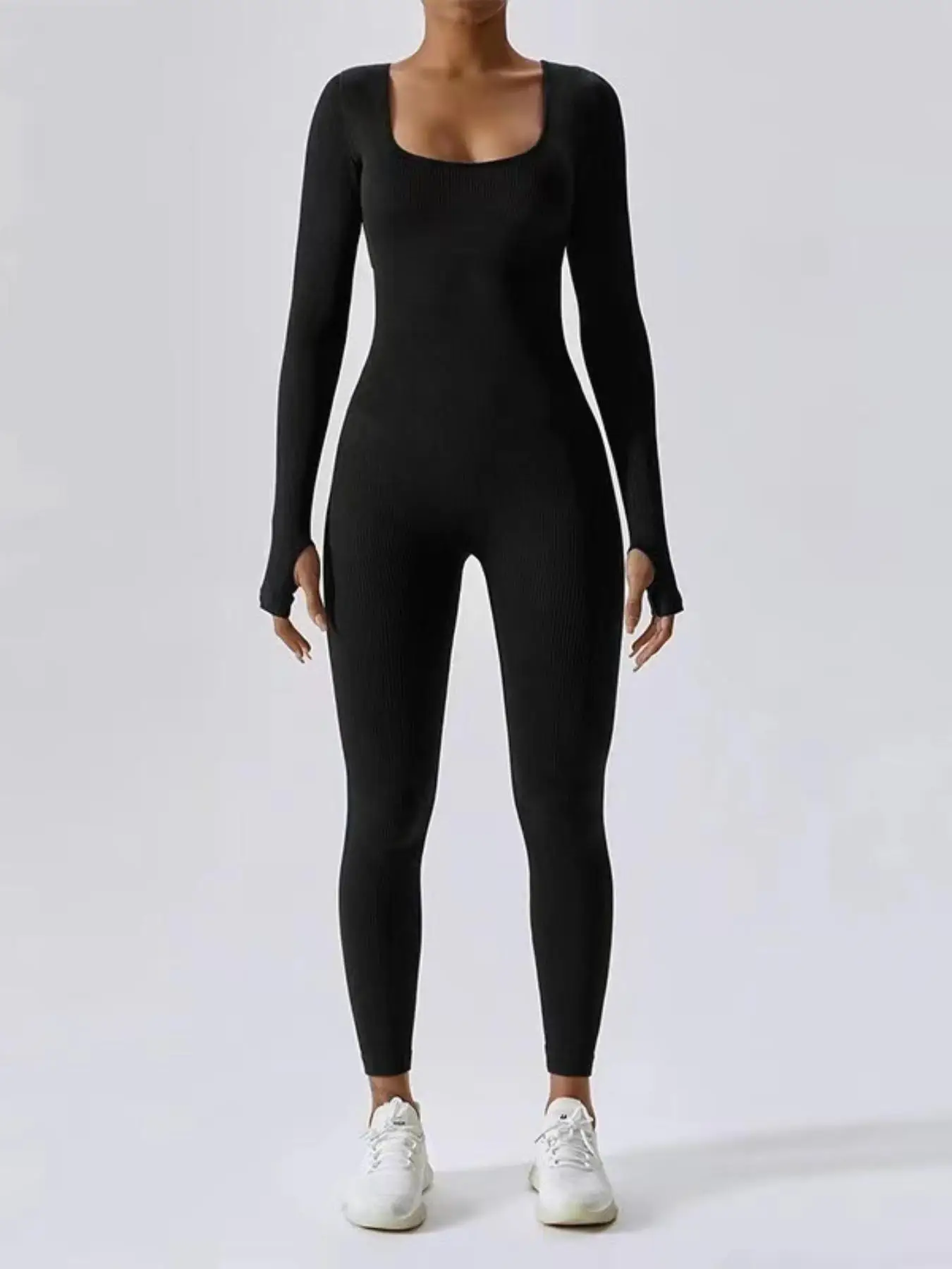 Women's Square Neck Long Sleeve Sports Jumpsuit, Solid Color Skinny Jumpsuit, Ladies Sportswear Clothing for Indoor Outdoor Wear