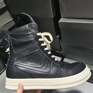 Retro shoes Couple's genuine leather high-top black ankle boots with large hook, large size, thick sole, height-increasing, lace-up
