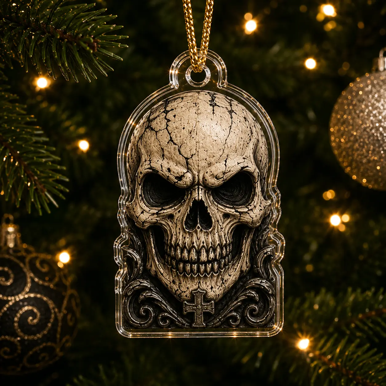 Gothic Skull with Cross Acrylic Christmas Tree Hanging Ornament, Festive Home & Party Decoration