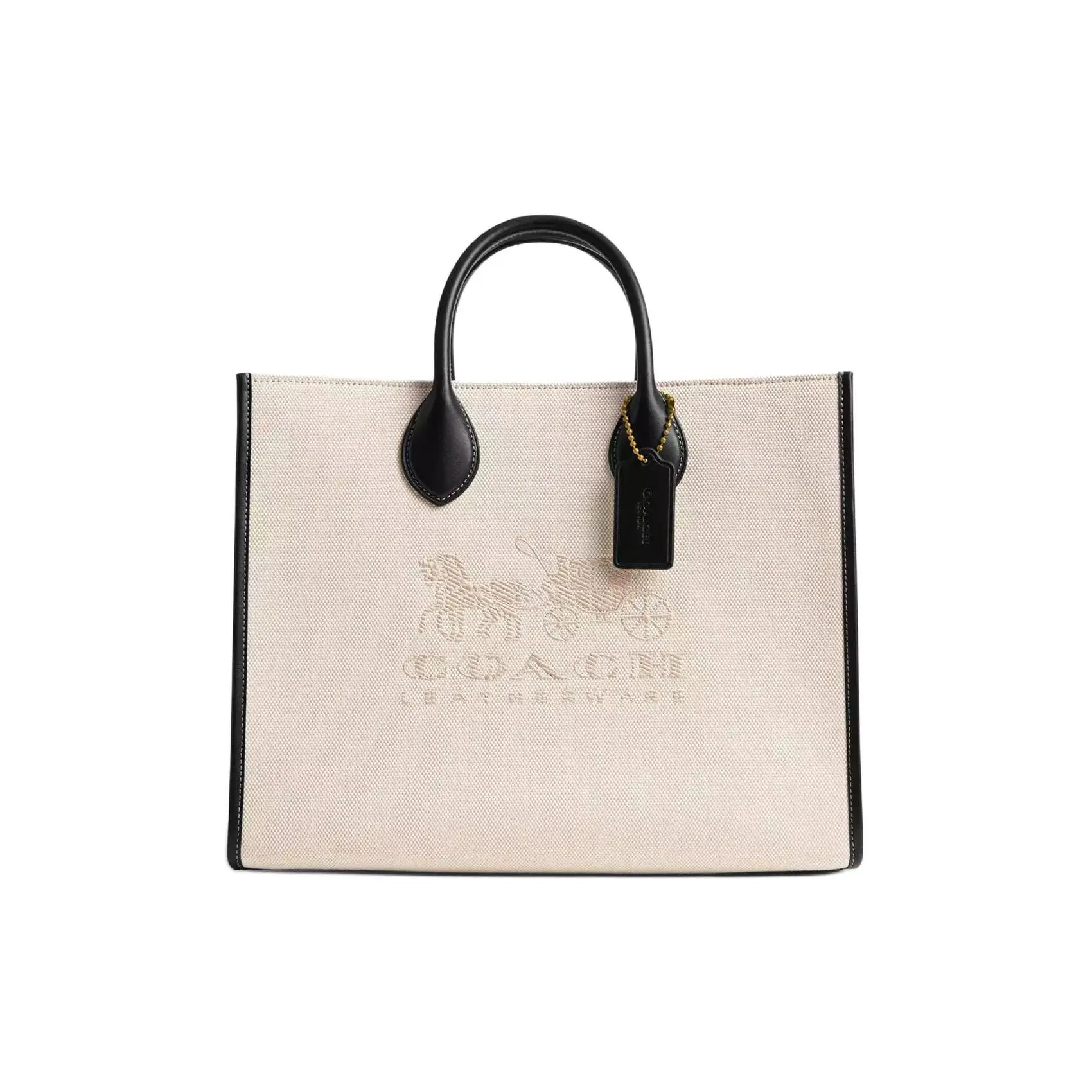 Coach Ace 35 Tote Bag for Women – Magnetic Hook, Interior Zip Pocket, Calfskin and Canvas, Brass and Saltstone with Black Accents
