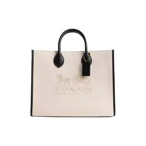 Coach Ace 35 Tote Bag for Women – Magnetic Hook, Interior Zip Pocket, Calfskin and Canvas, Brass and Saltstone with Black Accents
