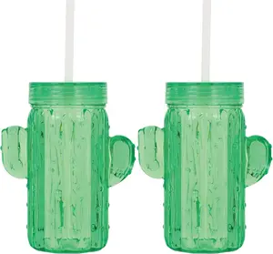 Cactus Shaped Tumblers with Lid and Straw, BPA-Free Acrylic Cups, Reusable and Spill-Resistant Drinkware for Summer, Parties, and Outdoor Use, Green, 13 oz, Set of 2
