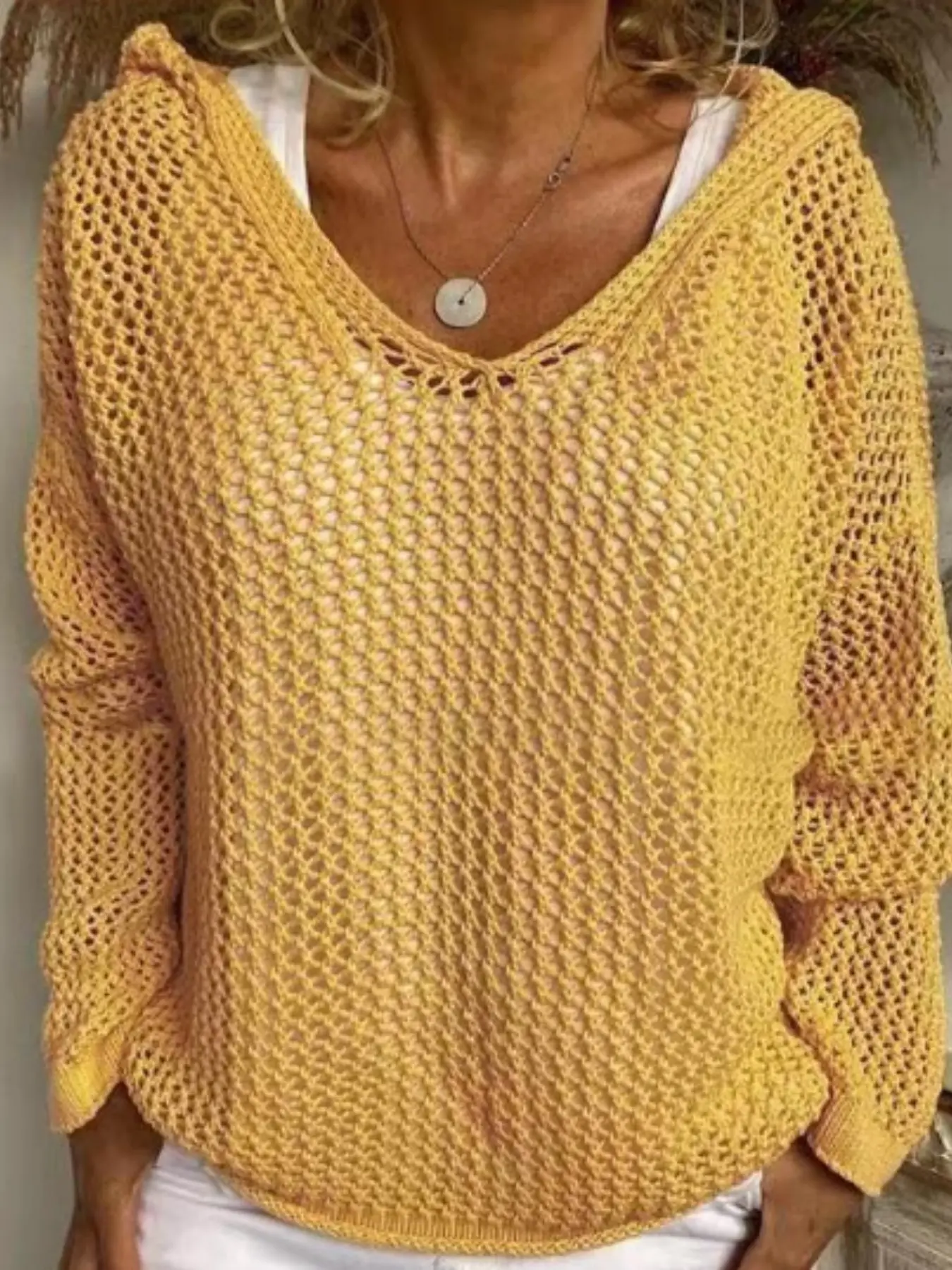Elegant Women's Solid Color Hooded Sweater, Beach Bikini Knit Outerwear Sun Protection, Fashion Loose Long Sleeve Hollow Out Pullover Knitwear